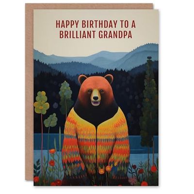 Artery8 Happy Birthday Card to a Brilliant Grandpa Happy Hipster Hippie Bear Hippy Cardigan