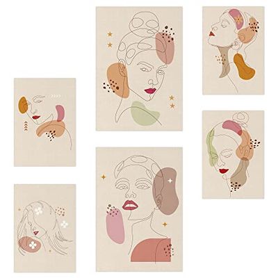 Arterby's® - Set 6 pezzi - Poster Quadro Cornice Tela - Illustrazione Viso Donna Linea Astratta Ritratto - Made in Italy Tela (senza cornice) 4x(30x40cm) e 2x(40x50cm) S6A001 D002