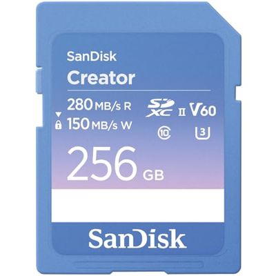 SanDisk Creator SD Card UHS-II 256 GB (For DSLR and Mirrorless Cameras, 6K Video, V60 Memory card, USH-II, read speeds up to 280 MB/s, RescuePro Deluxe, 1 Month Adobe Creative Cloud Included)