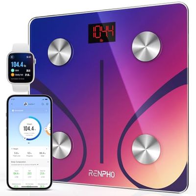 RENPHO Balance Pese Personne, Balance Connectée Bluetooth Pèse Personne Impédancemètre, Balance Impedancemetre avec 13 Données Corporelles (BMI/Graisse Corporelle/Masse Osseuse/BMR/Eau), Rouge, Elis 1