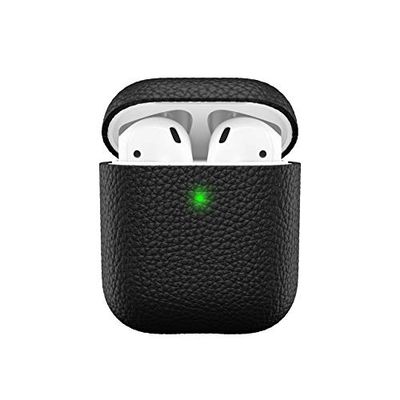 Keybudz Artisan läderfodral för Apple AirPods fodral, fodral, äkta läder, hörlurar tillbehör laddningsfodral, svart