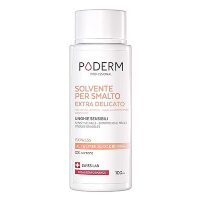 PODERM - SOLVENTE PER UNGHIE EXTRA DELICATO AL TEA TREE - Rimozione Rapida e Semplice dello smalto - Senza acetone - Rafforza e nutre - Ideale per unghie sensibili - 100 ml - Swiss Lab