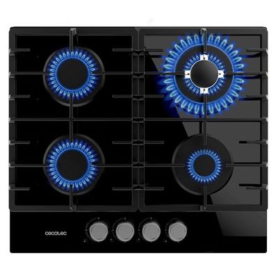 Cecotec Plaque à gaz Bolero Squad G 4200F Glass Black. Plaque à gaz avec 4 feux, finition verre noir, puissance 8000W, grilles complètes, brûleur WOK triple couronne et sécurité des vannes.