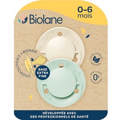 BIOLANE - Ronde fopspenen- Extra dunne fopspenen- 0 tot 6 maanden- Groen en Beige- Speen van natuurlijk rubber- Respect voor de mondontwikkeling- Zacht en comfortabel- Hernieuwbare materialen