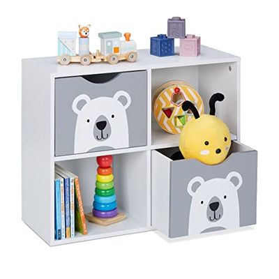 Relaxdays Meuble de Rangement oursons, 2 tiroirs, 2 Compartiments Ouverts, H x L x P : 48 x 60 x 24,5 cm, Blanc - Gris