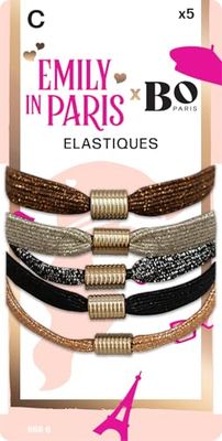Emily in Paris x Bo Paris – Élastiques cheveux brillants x5 – Effet pailleté – Doré, bronze, noir, argent, cuivré – Accessoire coiffure glamour – Look soirée chic - Lot de 1