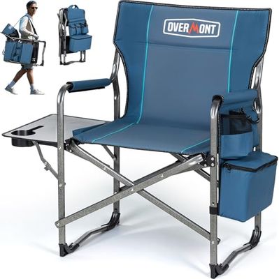 OVERMONT Oversize directors campingstoelen voor volwassenen - 180 kg zware opvouwbare buitenstoelen met opvouwbare bijzettafel en koeltas voor buiten, festival, barbecue, strand, picknick, vis