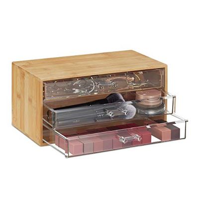 Relaxdays Organiseur à cosmétiques, rangement à maquillage et bijoux, 15x30x17,5 cm, boîte à tiroirs en bambou, naturel
