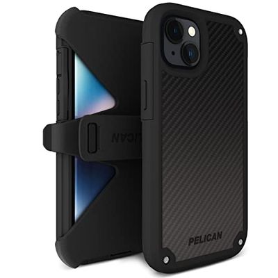 Pelican Shield Kevlar Series - iPhone 14 Plus Hoesje 6,7 inch [Compatibel met MagSafe] Magnetisch opladen Telefoon Case Met Riemclip Holster Kickstand [2ftT MIL-Grade Drop Protection] Cover - Zwart