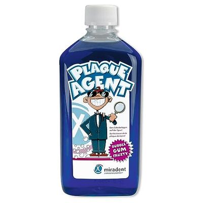 miradent Plaque Agent® tandsköljningslösning 500 ml | för plackkontroll för barn | med behaglig "Bubble Gum" smak | klar att användas inkl. doseringslock | erytrosinfri | utan alkohol