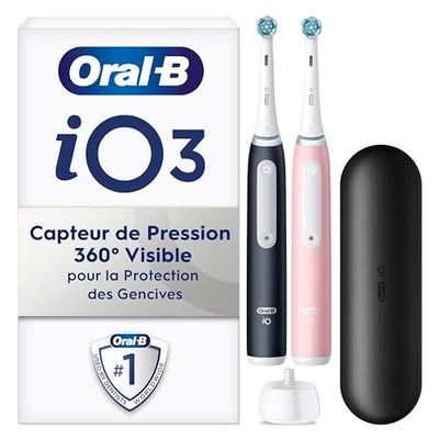 Oral-B iO 3 Lot De 2 Brosses A Dents Electriques Pour Adultes, Noire et Rose, 3 Modes De Nettoyage Avec Blancheur, Doux Pour Les Gencives, 2 Brossettes Oral B De Rechange, Chargeur, Etui De Voyage