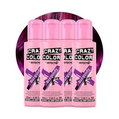 Crazy Color Vibrant Burgundy Semi-Permanent 4 Pack Quad Hair Dye. Highly Pigmented Purple Wine Conditioning & Oil Nourishing Vegan Formula No Bleach or Ammonia 400ml