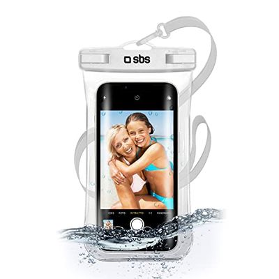 SBS Cover impermeabile IPX8 per cellulari Android e iPhone fino a 6,8" con finestra touch, impugnatura per selfie, laccio da collo, chiusura ermetica water resistant per brevi immesioni, bianca