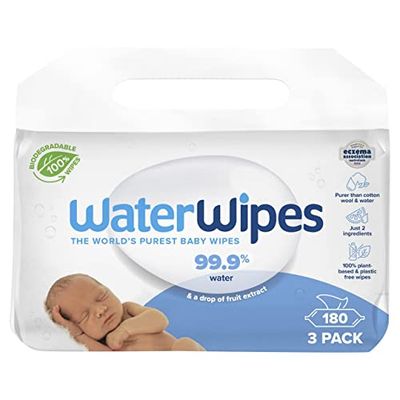 WaterWipes Original Baby Wipes, 180 Count (3 Packs), 99.9% Water-Based Wipes, Unscented, For Sensitive Skin, Packaging May Vary