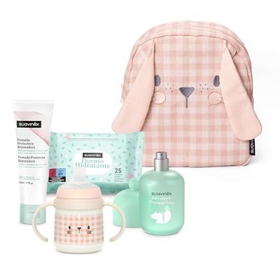 Suavinex, Mochila Guardería para Bebés, Canastilla - Regalo para Bebé con: Baby Cologne Memories 100 ml + Crema Pañal 50 ml + Pack 25 Toallitas Dermohidratantes + Taza de Aprendizaje, Conejo, Rosa