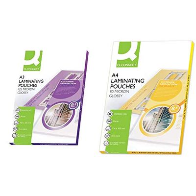 Q-Connect KF04124 Laminating Pouch A3 125-Micron (Pack of 100) & A4 80 Micron Laminating Pouch (Pack of 100)