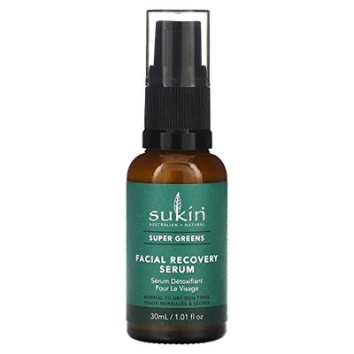 Sukin Super Greens Facial Recovery Serum 30ml- with Acai & Goji Berry; cruelty free & vegan friendly - has a light consistency for speedy absorption & infused detoxifying ingredients.