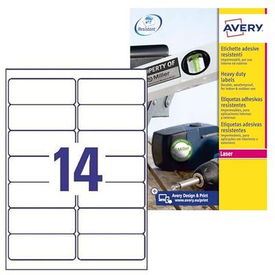 Avery Italia L7063-20 Etichette adesive in poliestere bianco resistente, 20 fogli A4, rettangolari 99,1x38,1mm, 14 etichette per foglio, adesivo permanente, stampanti laser