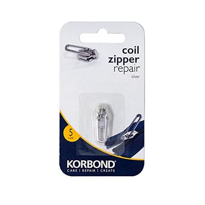 Korbond Kit de reparación de cremallera, tamaño 5, cremallera de bobina plateada, kit de reemplazo de cremallera instantánea y fácil
