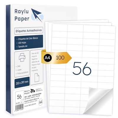 Raylu Paper ® - Self-Adhesive White Labels for Printing, self-Adhesive Paper Stickers on A4 Sheets for Inkjet Printers, Laser and photocopiers, 56 Labels per Sheet (52.5 x 21.2 mm)