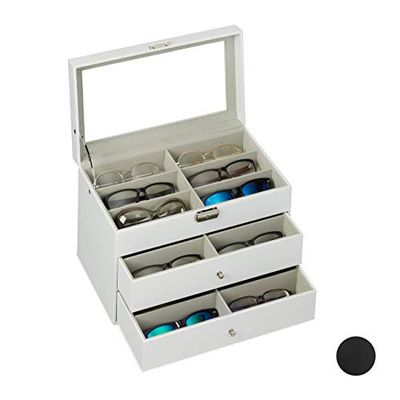 Relaxdays Caja Gafas con 18 Compartimentos, Organizador, 1 Ud, Cuero Sintético-Cristal, 22,5 x 33,5 x 19 cm, Blanco