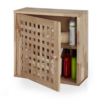 Relaxdays Armoire Murale, Noyer, 2 Compartiments, Porte quadrillée magnétique, Salle de Bain, HLP: 42x42x18 cm, Nature