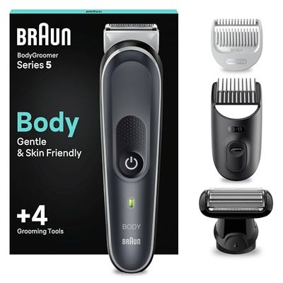 Braun Body Groomer Series 5 5370, For Men, Incl. 2 Combs 3mm-11mm Lengths, SkinShield Technology Gentle Use and Clean Shave Attachment, Waterproof, Cordless with 100-min Run Time, Noir, 1.0 count