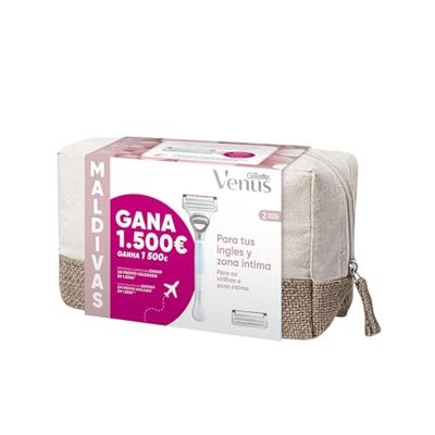Gillette Venus Rasoio per capelli da donna per inglese e zona intima + 2 pezzi di ricambio + beauty case, confezione Maldive