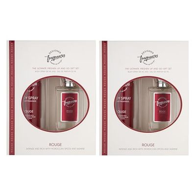 Designer Fragrances Rouge Female Twin Gift Set - Includes 2 x 100ml Body Spray Deodorant Cans, 2 x 50ml Women’s Eau De Parfum Sprays - For Instant Freshness on The Go - Long Lasting Smells