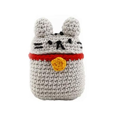 Funda para Auriculares inalambricos con Interior de Silicona y Crochet por Fuera con Forma de Gato, Gris Claro