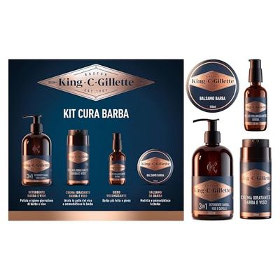 King C. Gillette Kit Cura Barba per Uomo, Profumata Ogni Giorno, Detergente 3in1 Barba E Viso 350ml, Balsamo 100ml, Siero Volumizzante 50ml E Crema Idratante 100ml