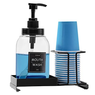 Summark Dispensador de Enjuague bucal para baño, Botella de Bomba de Lavado bucal con Soporte de Taza de Acero Inoxidable, Recipiente Transparente Recargable de 24 onzas, sin BPA, Color Negro