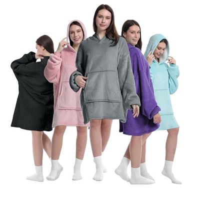 Överdimensionerad filt huvtröja för män och kvinnor, tjock flanellfilt med ärmar och gigantisk ficka supermjuk varm mysig bärbar tröja huvtröja för vuxna, Grå, one size