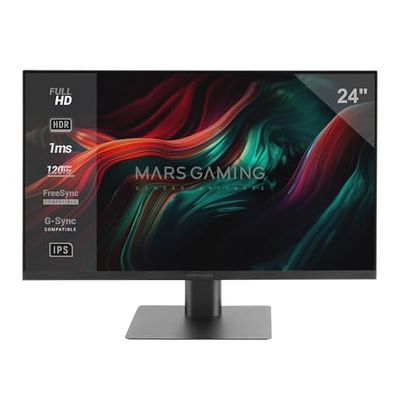 Mars Gaming MV-24, Monitor 24’ IPS FHD 120Hz, HDR10 1ms, FreeSync and G-SYNC, PC Monitor with Built-in Speakers, 25° Tilt, Low Blue Light and Flicker Free, HDMI + DisplayPort + 3.5mm Jack, Black