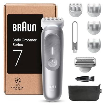Braun Rasoio Elettrico Corpo Uomo Series 7, +8 Strumenti Cura Corpo, Luce Smartlight & SkinGuard, 100 Min Utilizzo, Testine SmoothShave & SensitiveTrim, Impermeabile, Rasoio Intimo Uomo, Grigio