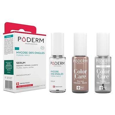 PODERM - LOT 3 PRODUITS | MYCOSE ONGLES TRAITEMENT PURIFIANT + Vernis TAUPE Tea Tree + Top Coat Brillant Longue Tenue | Soigne, Colore et Camoufle les Ongles Jaunes et Abîmés | Swiss Made