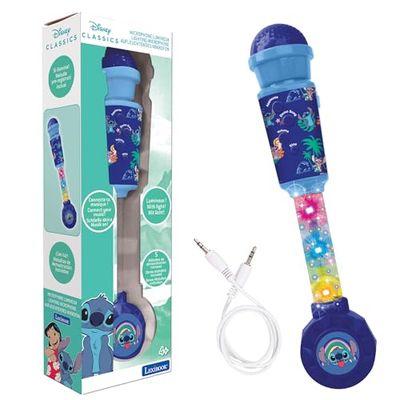 LEXIBOOK, Disney Stitch, Micrófono Luminoso para Niños, Juguete Musical, Altavoz Integrado, Efectos Luminosos, Entrada Aux-in, Azul, MIC90D