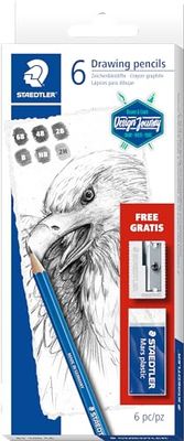 STAEDTLER Mars Lumograph 61 100 C6 - Estuche con 6 Lápices de grafito Mars Lumograph (graduaciones 6B, 4B, 2B, HB, 2H) + GRATIS 1 Afilalápices metálico 510 10 y 1 Goma de borrar Mars Plastic 526 50, Azul