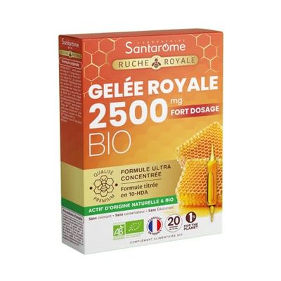 Santarome - Ruche Royale - Gelée Royale 2500 MG Bio - Fort dosage, formule ultra concentrée titrée en 10-HDA - Complément alimentaire immunité - Fatigue, système immunitaire - 20 ampoules - France