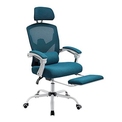 Sweetcrispy Bureau-computer-bureaustoel, gamingstoelen voor volwassenen, high-back mesh rolling draaibare rugleuningstoelen met wielen, comfortabele lendensteun, comfortabele armen, blauw