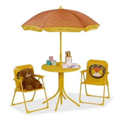 Relaxdays Salon de Camping pour Enfant, Motif Lion, siège Enfant avec Parasol, chaises Pliantes et Table, Jardin, Jaune