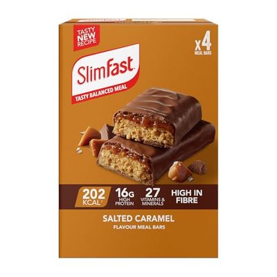 SlimFast Salted Caramel Meal Bar, 16 g Protein, 202 Calories, 27 Vitamins & Minerals, Have as a Meal Replacement for Weight Management or as a High-Protein Snack for Work, Gym & Travel, 4x60 g