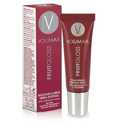 Volumax Fruitgloss. Gloss per labbra dal sapore intenso e duraturo. Massima idratazione, brillantezza, comfort e volume. Sapore di fragola intensa. 7,5ml
