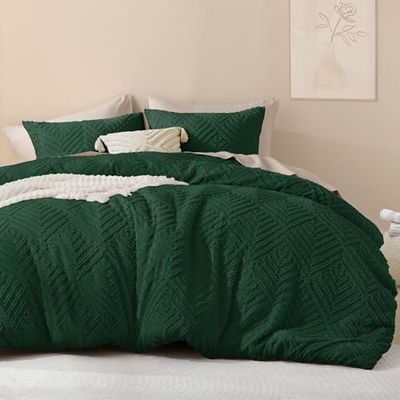 Litanika Juego de edredón Verde Esmeralda tamaño Queen, Juego de edredón de 3 Piezas de Color Verde Oscuro, Juego de Cama Bohemio copetudo de Granja, Juego de Cama Ligero y Esponjoso para Todas Las
