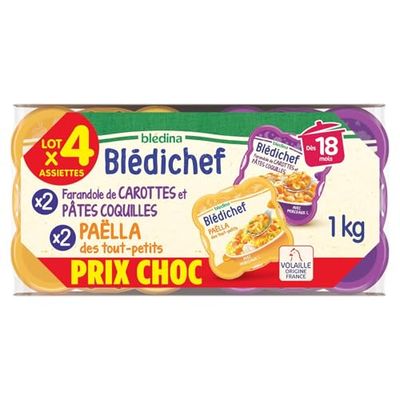 BLEDINA - Blédichef - 2 Paëlla des Tout-Petits plus 2 Farandoles de Carottes et Pâtes Coquilles - dès 18 Mois - 4 Assiettes 250 g