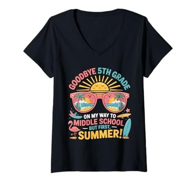 Donna Goodbye 5th Grade Middle School Summer Vacation for Kids Maglietta con Collo a V
