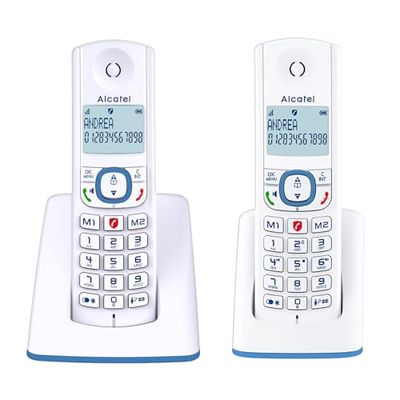ALCATEL F530 Duo - Téléphone Fixe Sans Fil DECT - Grand Écran Rétroéclairé - Mains Libres - Fonction Blocage Des Appels - 2 Touches De Mémoires Directes - 2 Combinés - Blanc/Bleu