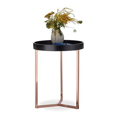 Relaxdays Table d’appoint avec plateau amovible rond, table de canapé cadre en métal bois de hêtre, HxlxP: 50 x 40 x 40 cm, noir