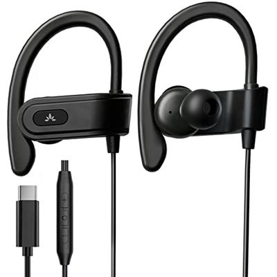 Avantree C171 - USB-C bedrade oordopjes met microfoon en volumeregeling, compatibel met nieuwe iPhone 15 & 16 & Android Type C telefoons hoofdtelefoon met oorhaak voor hardlopen
