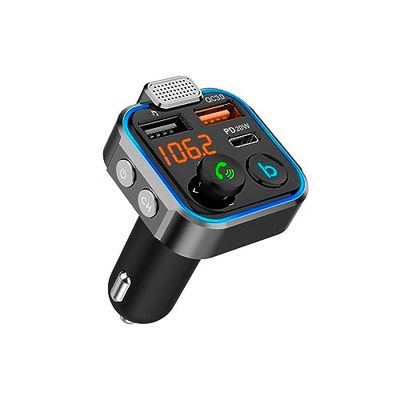 NK Transmisor FM Bluetooth 5.0 para Coches - 3 Puertos Carga: x 2 USB QC3.0 + x1 PD 3.0 Tipo C 20W, Función Manos Libres, Cancelación de Ruido, Carga Rápida, Botón B: Bajos Profundos Hi-Fi (Altavoz)